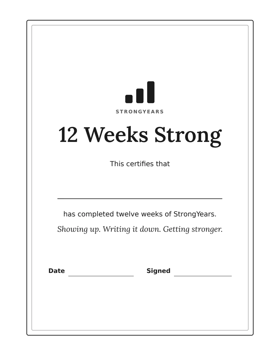 Certificate page from the StrongYears journal