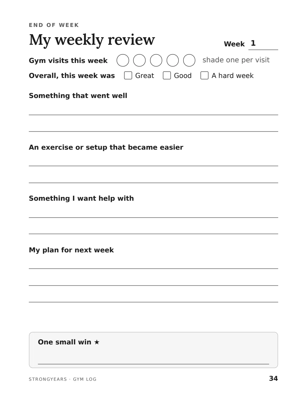 Weekly review page from the StrongYears journal